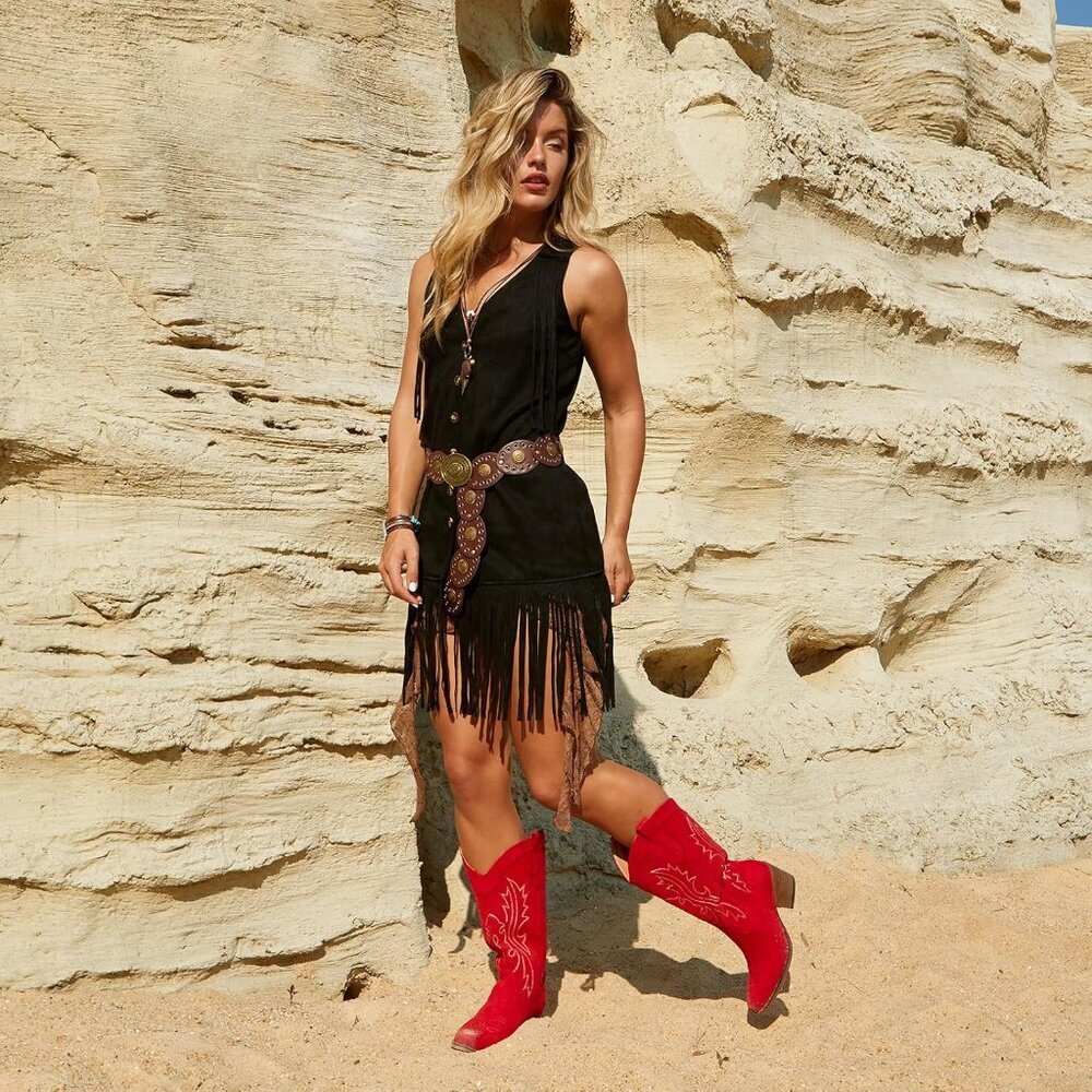 Women's Red Suede Western Cowgirl Chunky Heel Mid Calf Snip Toe Insteps Boots - Picture 6 of 6